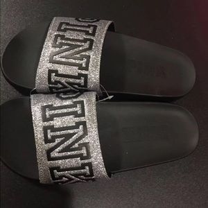 PINK VS Silver Glitter Slides Sz Med NWOT